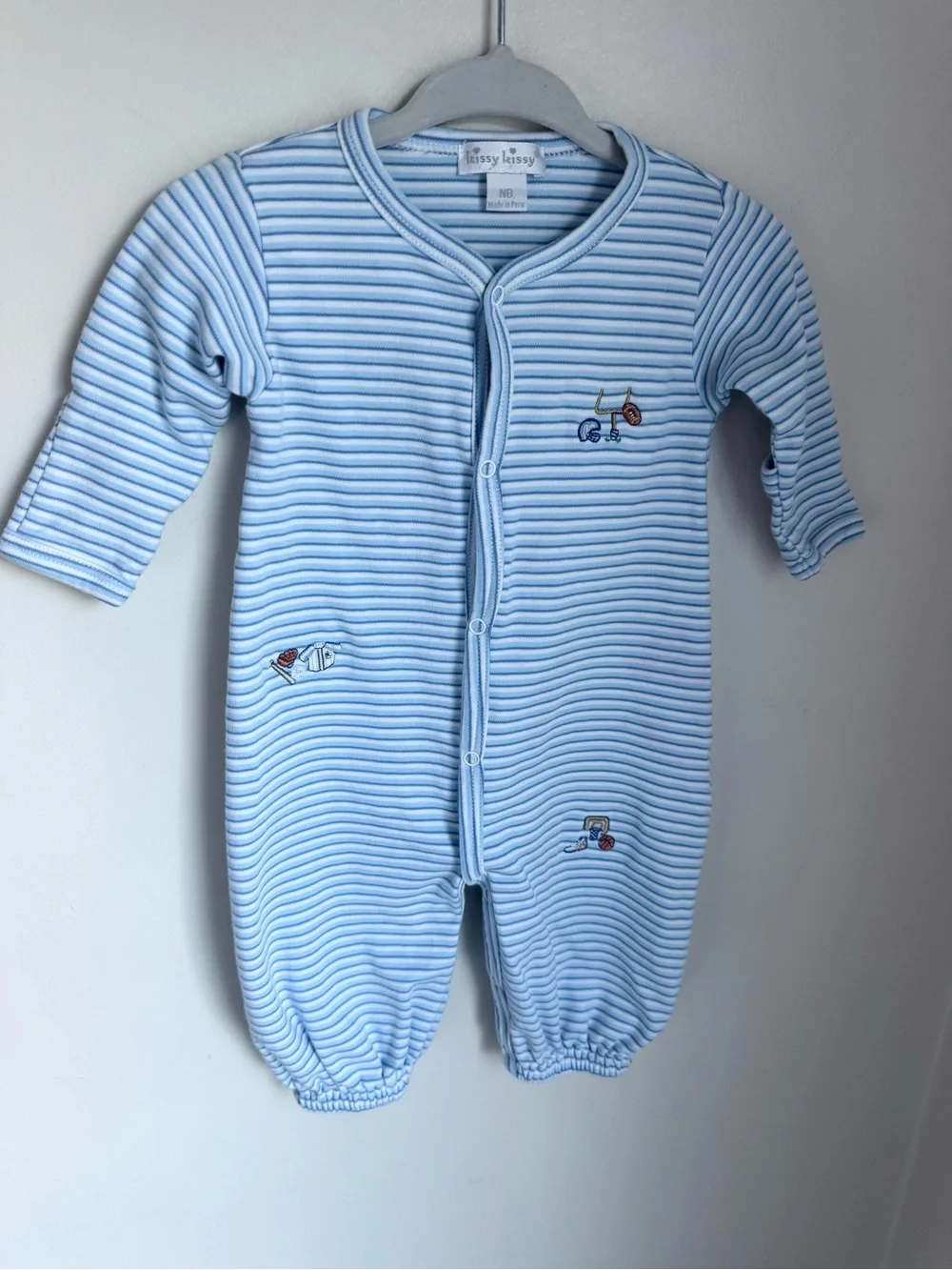 Kissy Kissy White and Blue Striped Sports Themed Footie Newborn